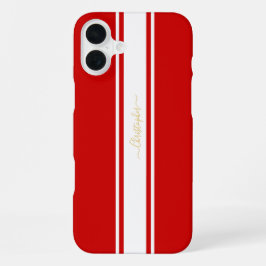 Klassieke Red White Racing Stripes Gold Monogramed iPhone 16 Plus Hoesje
