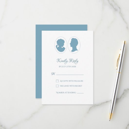 Klassieke Regency Blue Cameo Wedding RSVP Kaartje (Voorkant / Achterkant in situ)