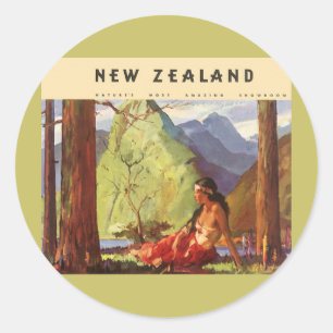 Klassieke reis, Nieuw-Zeeland landschap inheemse v Ronde Sticker