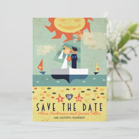 Klassieke Reis Zeilboot Strand Bruiloft Bewaar Dat Save The Date (Staand voorkant)