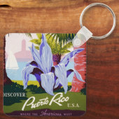 Klassieke Reisposter Kunst, Ontdek Puerto Rico! Sleutelhanger (Achterkant)