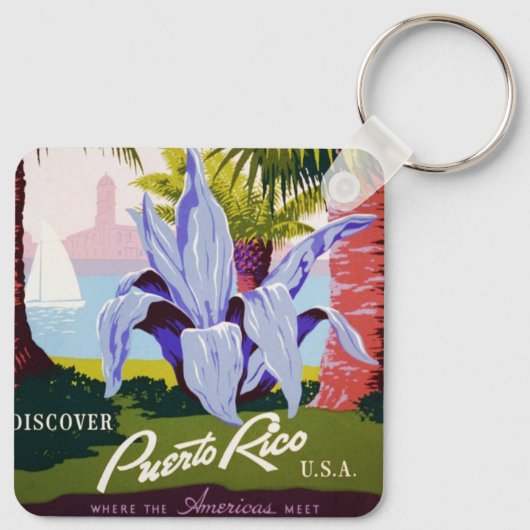 Klassieke Reisposter Kunst, Ontdek Puerto Rico! Sleutelhanger (Achterkant)