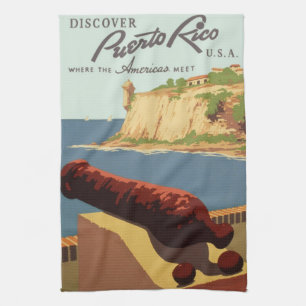 Klassieke Reisposter Kunst, Ontdek Puerto Rico! Theedoek