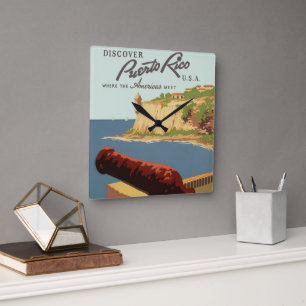 Klassieke reisposter kunst, ontdek Puerto Rico! Vierkante Klok