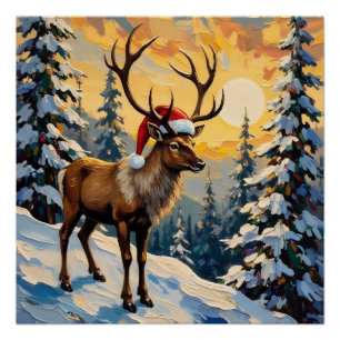 Klassieke rendieren met kerstmuts in besneeuwd bos perfect poster