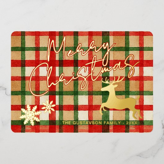 Klassieke rendieren op donkergroene rode geruite g folie feestdagenkaart (Voorkant)