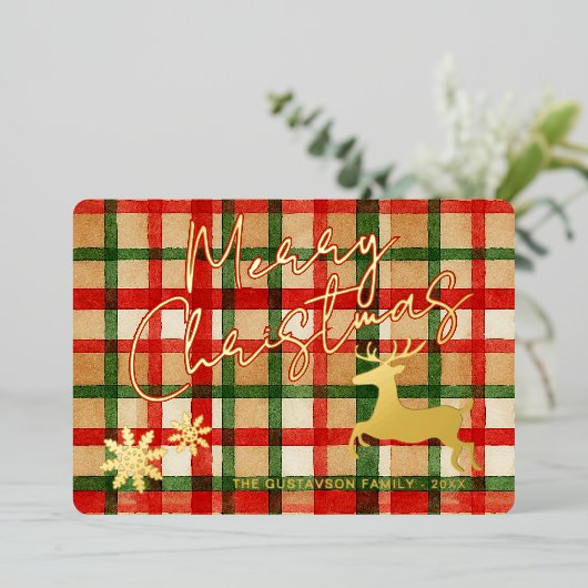 Klassieke rendieren op donkergroene rode geruite g folie feestdagenkaart (Staand Voorkant)