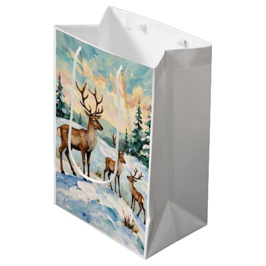 Klassieke rendiergezin winterweide schilderij medium cadeauzakje (Voorkant Gekanteld)