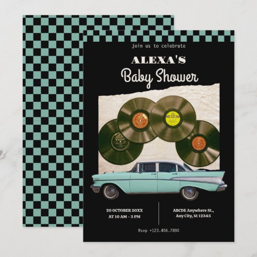 Klassieke retro auto baby shower kaart (Voorkant / Achterkant)