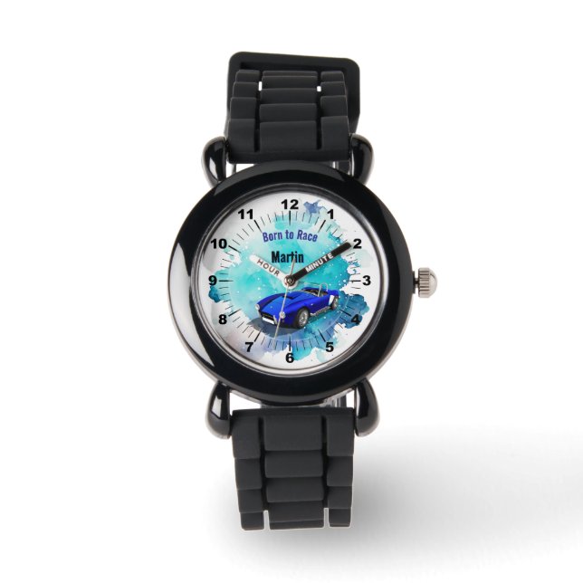 Klassieke Retro Blauwe Sportwagen Verjaardagsavont Horloge (Voorkant)