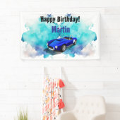 Klassieke Retro Blauwe Sportwagen Verjaardagsavont Spandoek (Insitu)