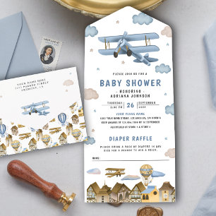 Klassieke Retro Blauwe Vliegtuig Baby Shower All In One Uitnodiging