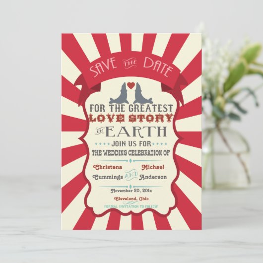 Klassieke Retro Circus Sla de Datum Op Aankondigin Save The Date (Staand voorkant)