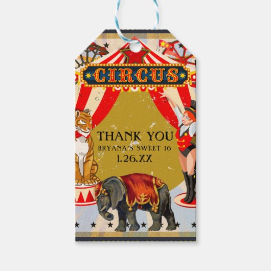 Klassieke Retro Circus Verjaardagsfeest Favor Cadeaulabel (Voorkant)