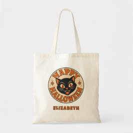 Klassieke Retro Gelukkig Halloween Zwarte Kat Tote Bag