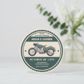 Klassieke  retro groene motorfiets bruiloft kaart (Staand voorkant)