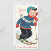 Klassieke Retro Jongen Skiën Schattige Kerstmis Feestdagenkaart (Voorkant)