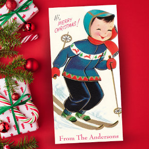 Klassieke Retro Jongen Skiën Schattige Kerstmis Feestdagenkaart