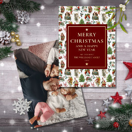 Klassieke Retro Kerst Foto Burgundy Goud Folie Feestdagenkaart