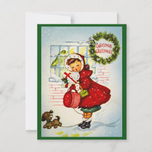Klassieke Retro Kerst Groet Meisje Met Puppy Feestdagenkaart