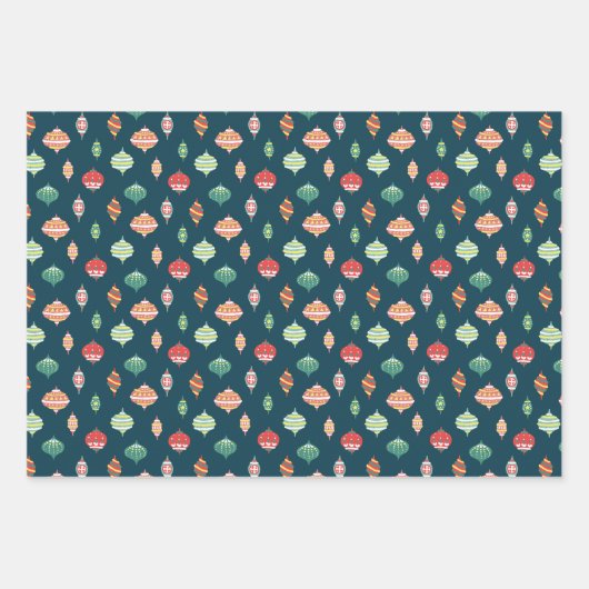Klassieke Retro Kerst Ornamenten op Donkerblauw Inpakpapier Vel (Voorkant)
