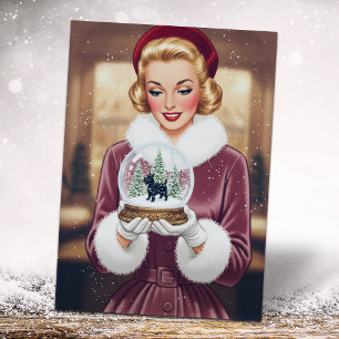 Klassieke Retro Kerst Vrouw en Sneeuwbol Feestdagenkaart