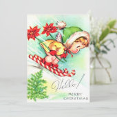 Klassieke Retro Kerstengel Skiënd  Feestdagenkaart (Staand voorkant)