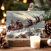 Klassieke Retro Kerstman Rendier Slede Feestdagen Kaart
