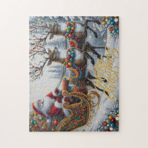 Klassieke/retro Kerstman & rendieren Legpuzzel