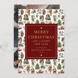 Klassieke Retro Kerstmis Bourgondië Gouden Foto Feestdagenkaart