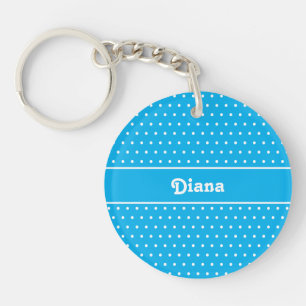 Klassieke Retro Naam Polka Dot Sky Blauw en Wit Sleutelhanger