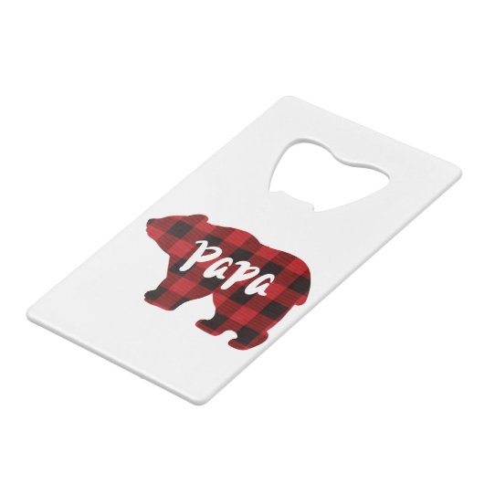 Klassieke retro papa beer rood zwart plaid creditkaart flessenopener (Voorkant Gekanteld)