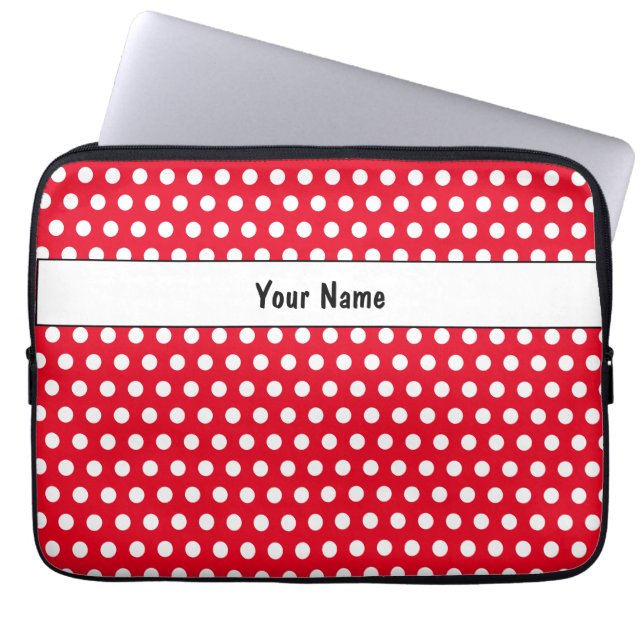 Klassieke Retro Polka Dot Rood en Wit Naam Laptop Sleeve (Voorkant)