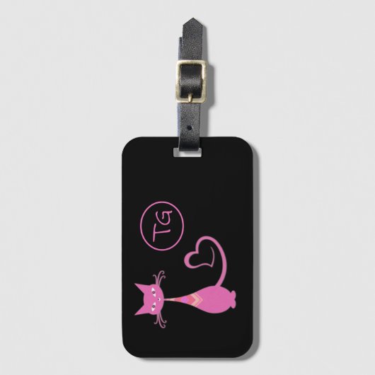 Klassieke Retro Roze keuty Cat Heart Tail Monogram Bagagelabel (Voorkant (verticaal))
