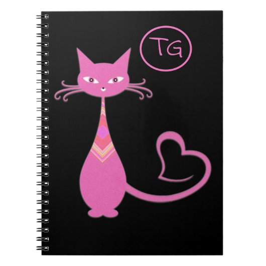 Klassieke Retro Roze keuty Cat Heart Tail Monogram Notitieboek (Voorkant)