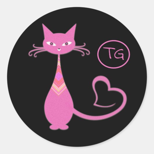 Klassieke Retro Roze keuty Cat Heart Tail Monogram Ronde Sticker (Voorkant)