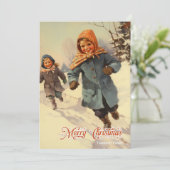 Klassieke retro traditionele kinderen spelen sneeu feestdagenkaart (Staand voorkant)