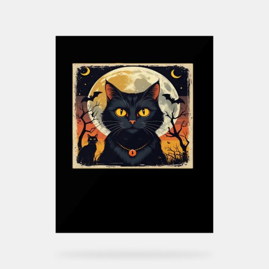 Klassieke Retro Zwarte Kat Halloween T-shirt Class Acryl Bord (Voorkant)
