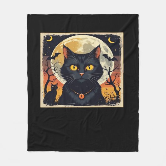 Klassieke Retro Zwarte Kat Halloween T-shirt Class Fleece Deken (Voorkant)