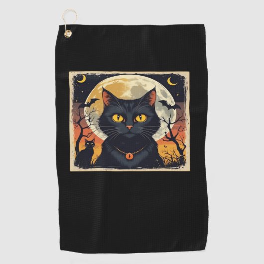Klassieke Retro Zwarte Kat Halloween T-shirt Class Golfhanddoek (Voorkant)