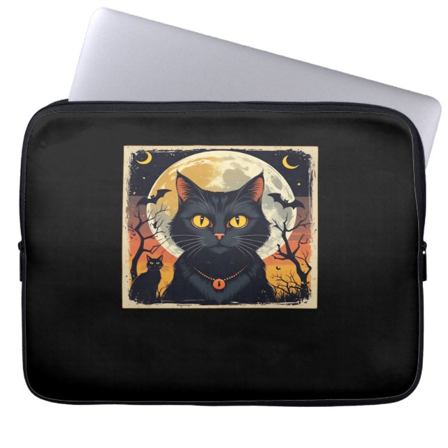 Klassieke Retro Zwarte Kat Halloween T-shirt Class Laptop Sleeve (Voorkant)