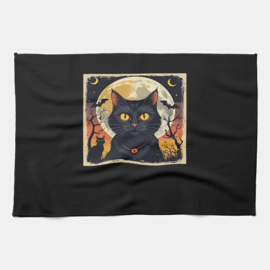 Klassieke Retro Zwarte Kat Halloween T-shirt Class Theedoek (Horizontaal)