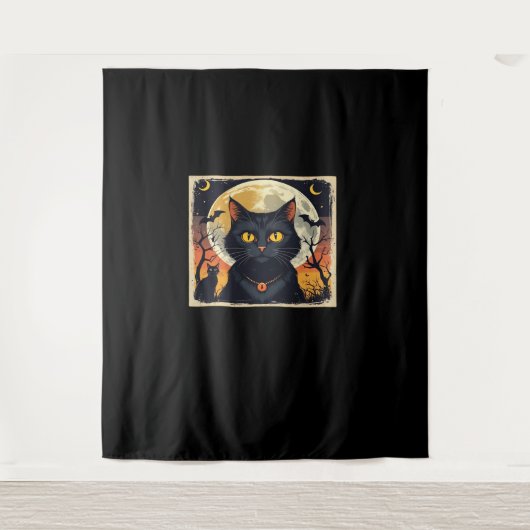 Klassieke Retro Zwarte Kat Halloween T-shirt Class Wandkleed (Voorkant)