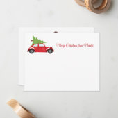 Klassieke rode auto en kerstboom prettig kerstfees notitiekaartje (Voorkant / Achterkant in situ)