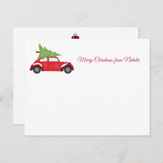 Klassieke rode auto en kerstboom prettig kerstfees notitiekaartje (Voorkant / Achterkant)