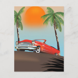 Klassieke rode auto in het paradijs briefkaart