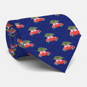 Klassieke rode auto met kerstboom Blauw vakantiefe Stropdas
