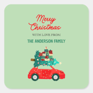 Klassieke rode auto vrolijk kerstfeest gepersonali vierkante sticker