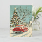 Klassieke  rode auto Xmas Tree Village Feestdagenkaart (Staand voorkant)