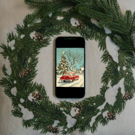 Klassieke  rode auto Xmas Tree Village Feestdagenkaart